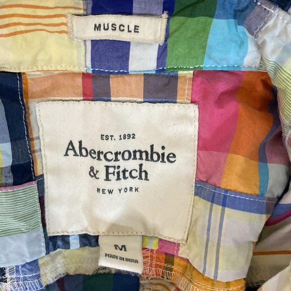 Abercrombie and Fitch Patchwork Plaid Madras Muscle Fit Shirt, Size M - Picture 3 of 4